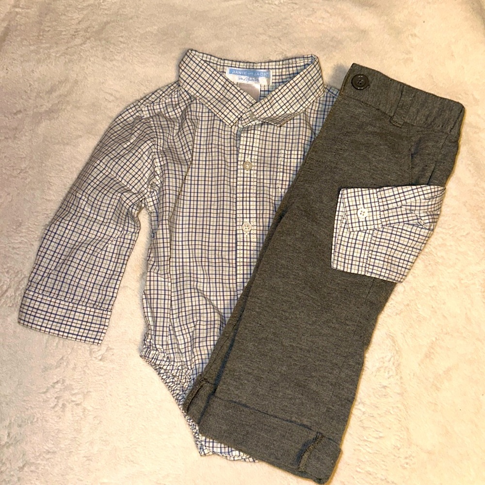 JANIE AND JACK PLAID BUTTON DOWN BODYSUIT 6-12 MONTHS & CHEROKEE PANTS 9 MOS
